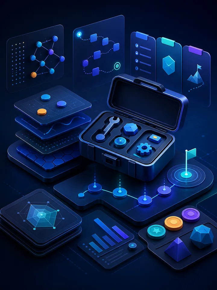 Stylized blue toolkit illustration with charts, controllers, and skill chips, representing the collection of Field Ready tools